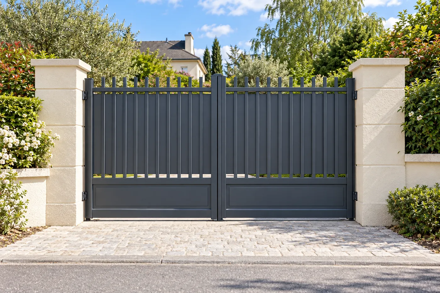 Portail battant en acier anthracite posé entre deux piliers d'un pavillon d'Île-de-France