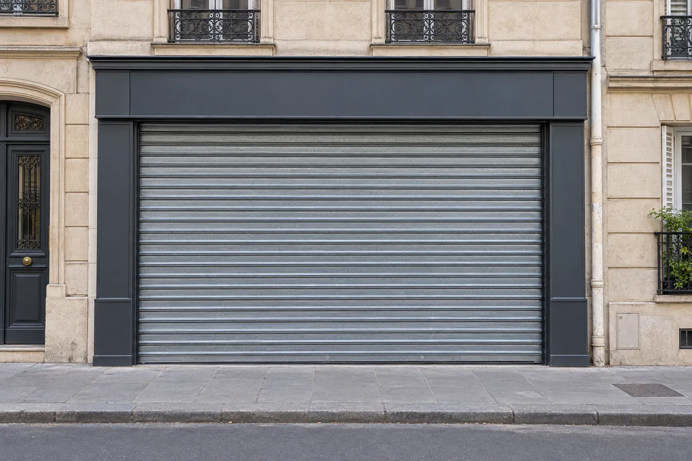 Rideau métallique à lames galvanisées fermé devant un commerce parisien