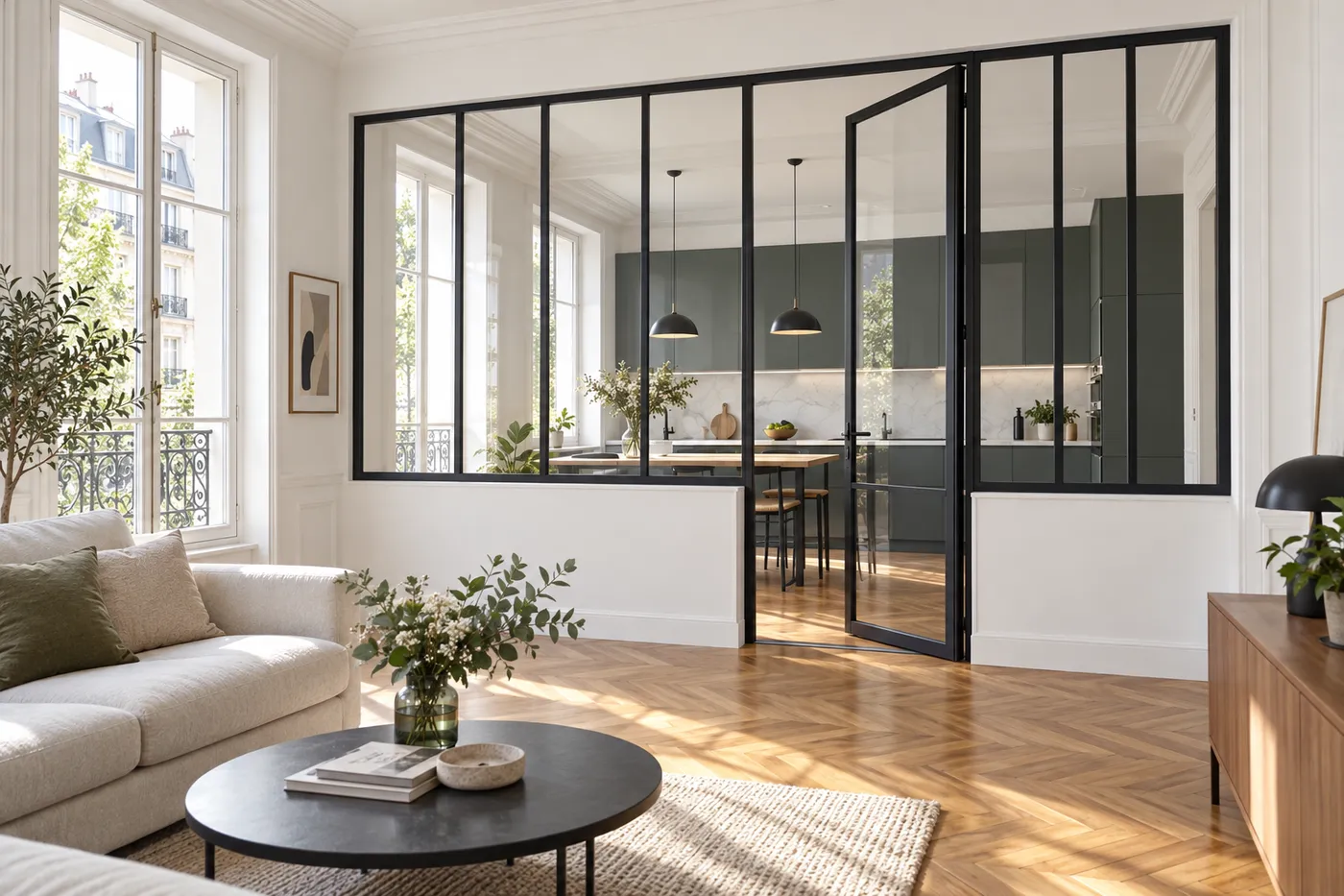 Verrière d'atelier en acier noir séparant la cuisine du séjour dans un appartement parisien